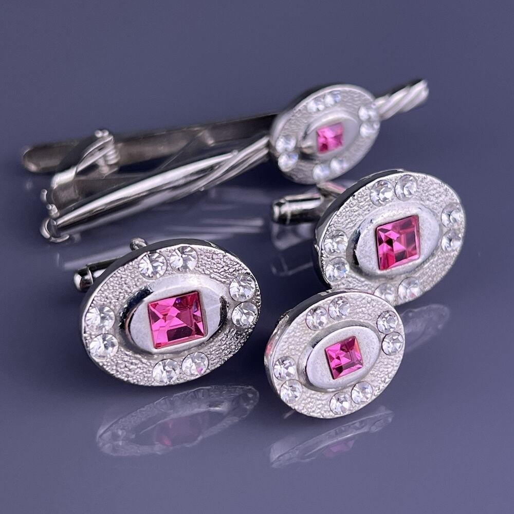 Oval Pink White Rhinestone Cufflinks Tie Clip Pin Silver Tone Textured Vintage